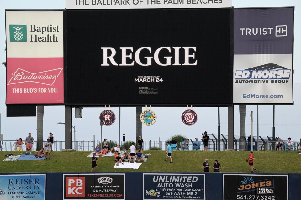 Former Athletics and Yankees slugger Reggie Jackson's upcoming documentary, "Reggie" was celebrated at Ballpark of the Palm Beaches, where the park played the trailer on the jumbotron before the evening's scheduled Spring Training game (Mar. 18, 2023).