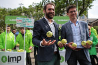 Members of the European Greens party Gabor Vago and Bas Eickhout campaign for the European Elections in Budapest, Hungary May 3, 2019. Gabor Banko/LMP/Handout via REUTERS