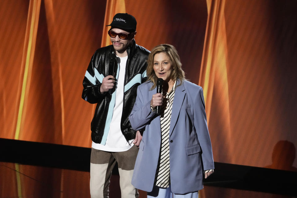 NBCUNIVERSAL UPFRONT EVENTS -- 2022 NBCUniversal Upfront in New York City on Monday, May 16, 2022 -- Pictured: (l-r) Pete Davidson, Edie Falco, Bupkis on Peacock -- (Photo by: Charles Sykes/NBCUniversal/NBCU Photo Bank via Getty Images)