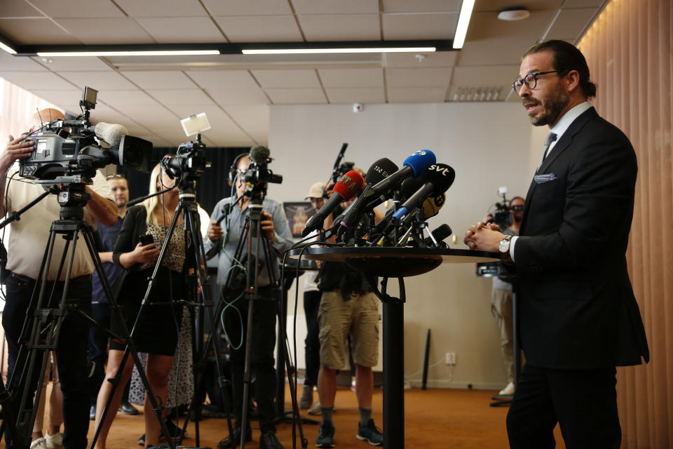 CAPTION CORRECTS SPELLING OF COUNSELOR'S SURNAME Counselor Slobodan Jovicic comments at a press conference on the case of US rapper A$AP Rocky, real name Rakim Mayers, in Stockholm, Sweden, Thursday, July 25, 2019. A Swedish prosecutor on Thursday charged rapper A$AP Rocky, with assault over a fight in Stockholm last month, in a case that's drawn the attention of fellow recording artists as well as U.S. President Donald Trump. (Fredrik Persson/TT News Agency via AP)