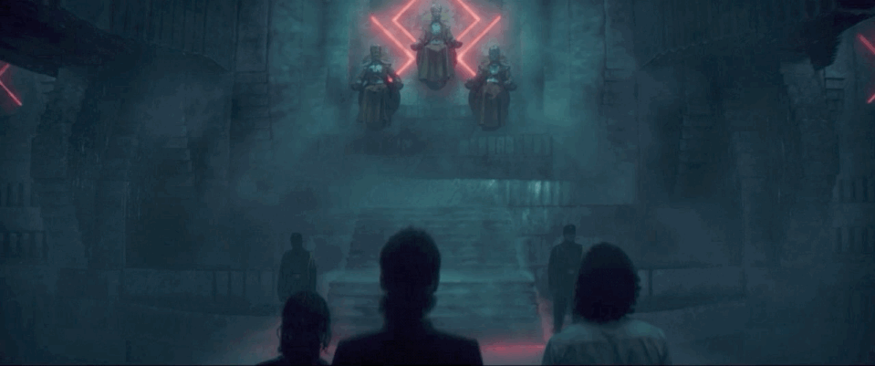 A gif of the shot in Loki episode 4 introducing the trio of Time-Keepers.