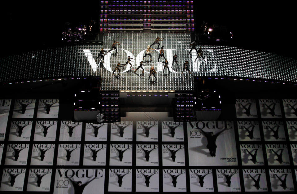 INDIANAPOLIS, IN - FEBRUARY 05: Singer Madonna performs during the Bridgestone Super Bowl XLVI Halftime Show at Lucas Oil Stadium on February 5, 2012 in Indianapolis, Indiana. (Photo by Andy Lyons/Getty Images)