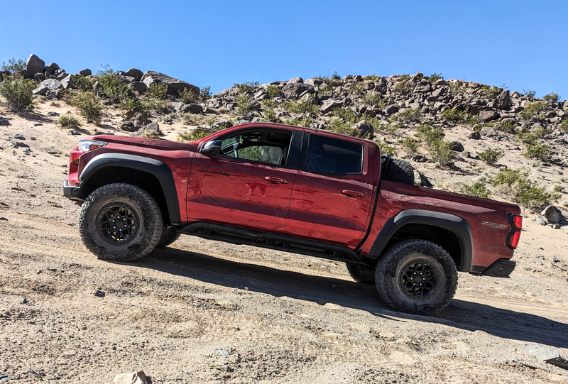 Side view of a red Chevy Colorado ZR2 Bison