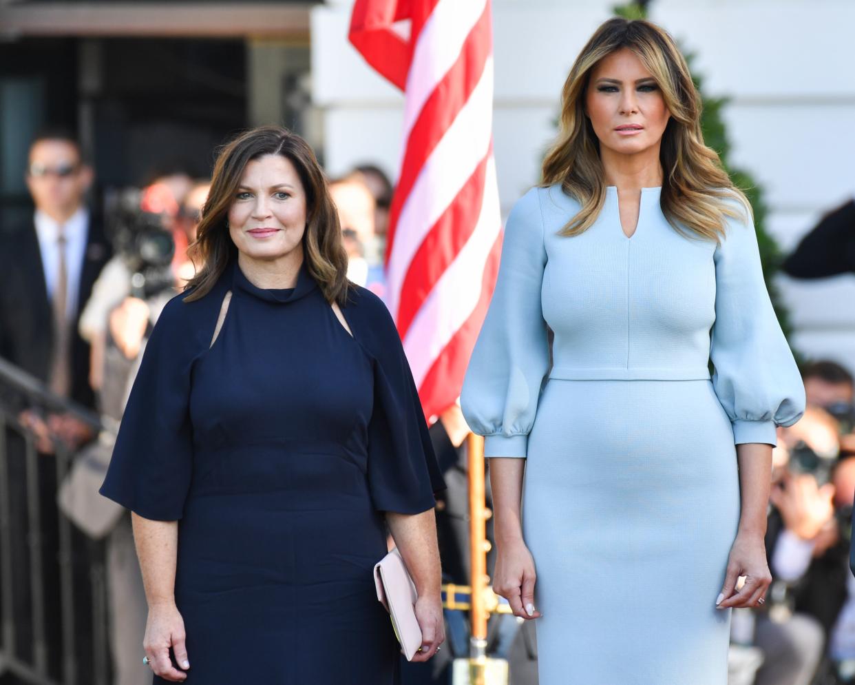 US First Lady Melania Trump opted for a baby blue dress by Australian designer Scanlan Theodore to welcome Australian Prime Minister and his wife Jenny [Photo: Getty Images]