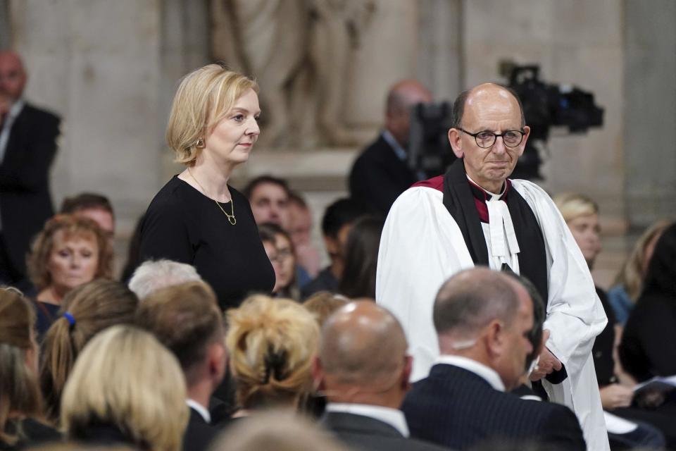 British Prime Minister Liz Truss attends a Service of Prayer and Reflection, following the passing of Britain's Queen Elizabeth II, at St Paul's Cathedral in London, Friday Sept. 9, 2022. (Ian West/Pool via AP)