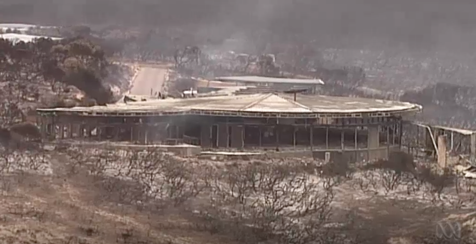 A burnt-out aerial view of the Kangaroo Island hotel, which was named Conde Nast Traveller top resort.