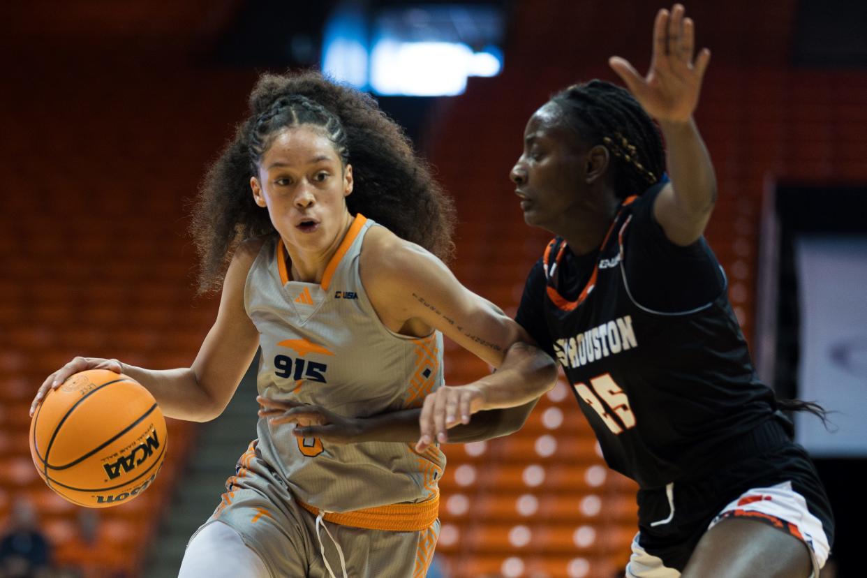 UTEP'S Mahri Petree (0) dribbles the ball past Sam Houston at a women's basketball game on Saturday, Jan. 27, 2024, at the Don Haskins Center in El Paso, Texas.