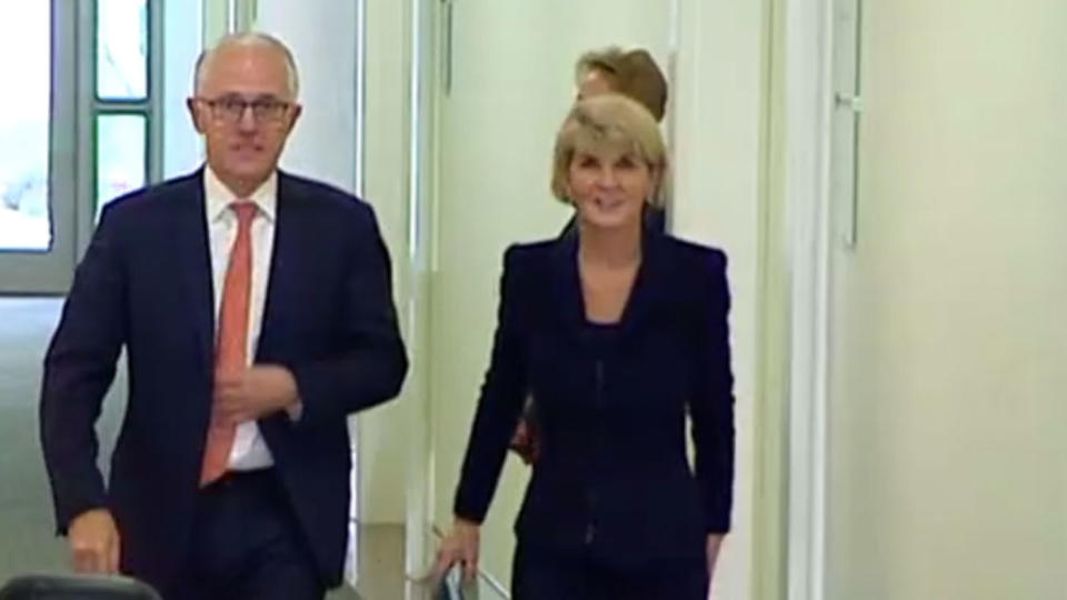 Ms Bishop was seen walking with former prime minister Malcolm Turnbull after the ballot. Photo: 7 News