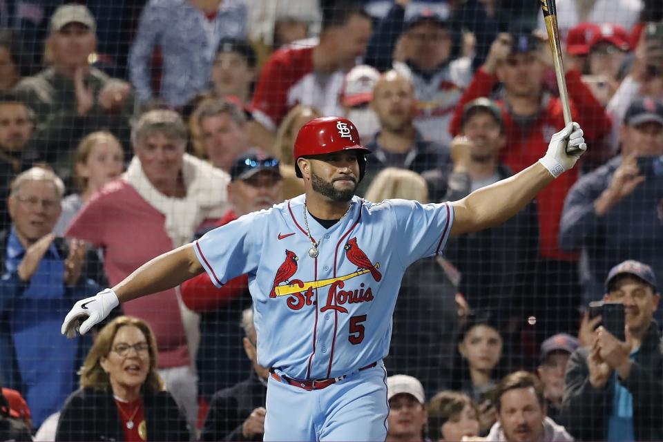 St. Louis Cardinals' Albert Pujols comes up to bat during the eighth inning of a baseball game against the Boston Red Sox, Saturday, June 18, 2022, in Boston. Pujols struck out on a foul tip. (AP Photo/Michael Dwyer)