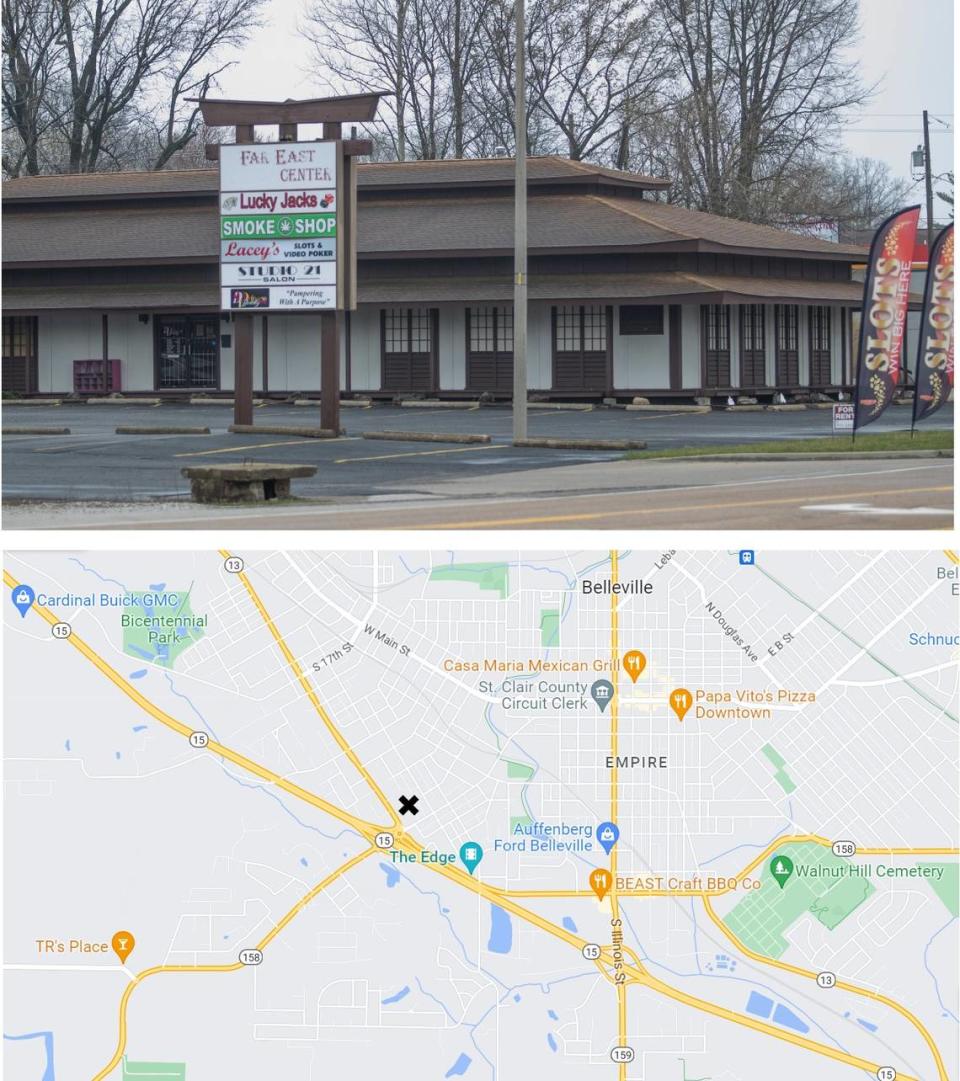 An X marks the location of D3 Princess Beauty Shop and its party room at 811-813 South Belt West (Illinois 13) in Far East Center in unincorporated Belleville. It opened in December 2021.