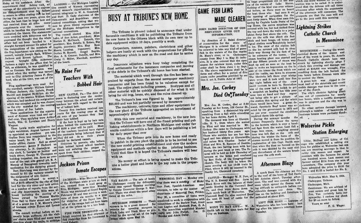 Articles in the May 7, 1924 edition of the Cheboygan Daily Tribune.