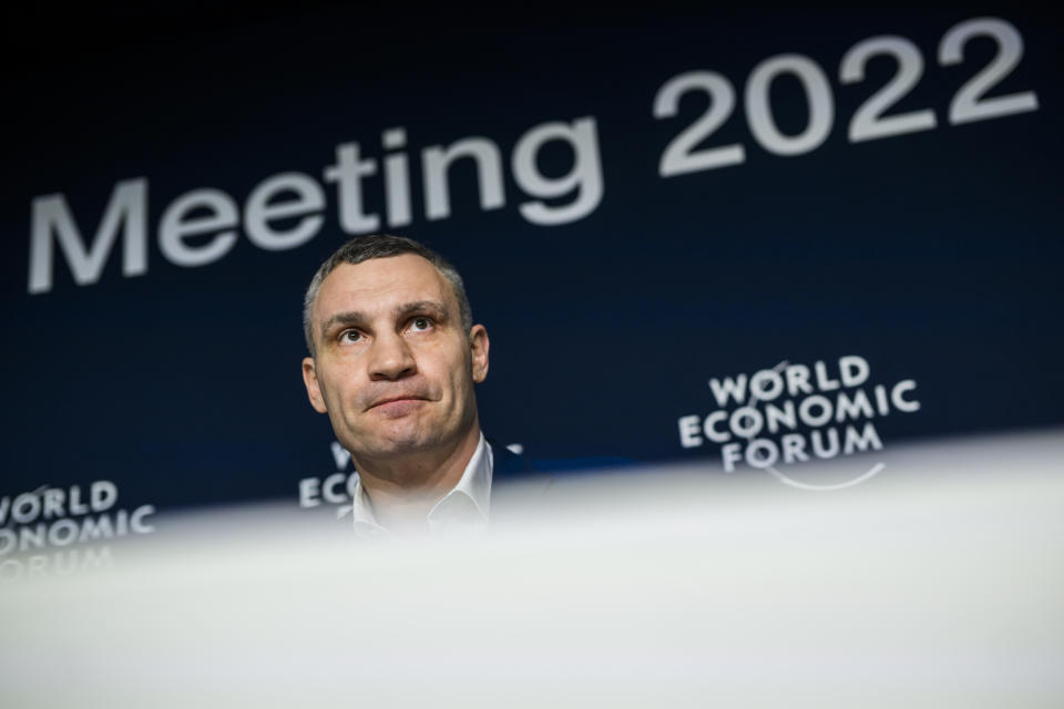 Vitaliy Klitschko, Mayor of Kyiv, Ukraine, speaks during the 51st annual meeting of the World Economic Forum, WEF, in Davos, Switzerland, on Thursday, May 26, 2022. The forum has been postponed due to the Covid-19 outbreak and was rescheduled to early summer. The meeting brings together entrepreneurs, scientists, corporate and political leaders in Davos under the topic "History at a Turning Point: Government Policies and Business Strategies" from 22 - 26 May 2022. (Gian Ehrenzeller/Keystone via AP)