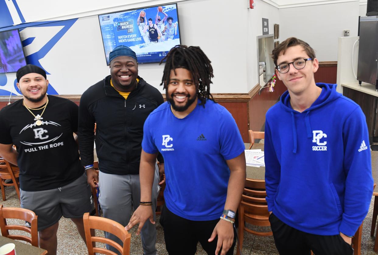 Everyone on the campus of Presbyterian College is talking about the women's basketball team's win in the first round of the 2024 NCAA Women's Tournament. T.J. Booker Jr., 21, Clint Caldwell, 22, Anthony Dye, 22, Tomas White 21, students at the school, said they are all pulling for the women to win. The men were in one of the school's halls watching the coverage of the tournament and PC's highlights from last night.