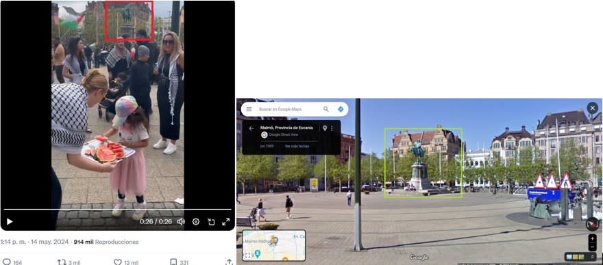 <span>Comparación entre capturas de pantalla del video viral (I) y la localización de la zona del la protesta en Google Maps, hecha el 24 de mayo de 2024</span>