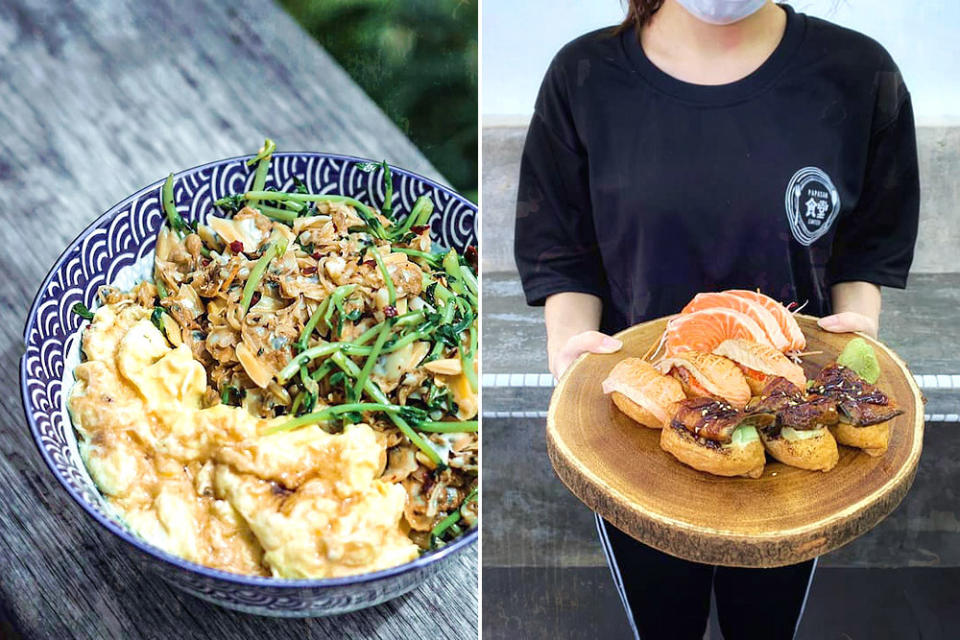 Lala Omelette Rice (left) and a platter of their popular sashimi and 'inari mentai sushi' (right).