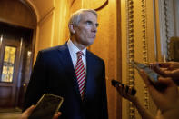 Sen. Rob Portman, R-Ohio, speaks to reporters after a luncheon with Senate Republicans at the Capitol in Washington, on Thursday, Aug. 5, 2021. (AP Photo/Amanda Andrade-Rhoades)