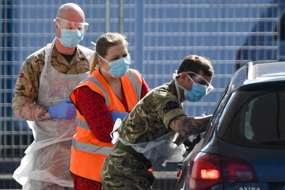 Picture taken at 1046am of Military personnel help administer Covid19 tests for NHS workers at Edgbaston cricket ground in Birmingham, as the UK continues in lockdown to help curb the spread of the coronavirus.