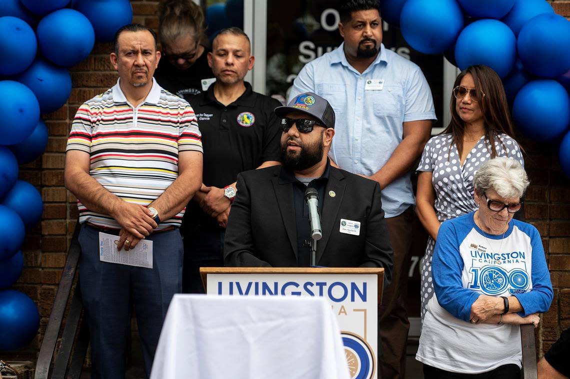 Livingston Mayor Juan Aguilar Jr. speaks during the City of Livingston’s centennial celebration in Livingston, Calif., on Sunday, Sept. 11, 2022.