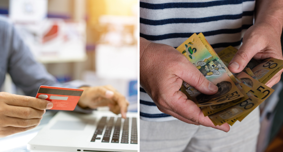 Man with credit card about to pay a scam and laptop next to man holding wad of $50 notes