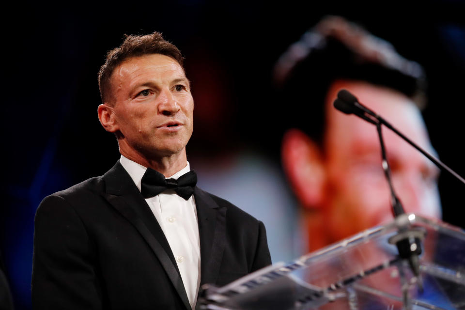 AFL Hall of Fame inductee Brent Harvey speaks during the 2022 Australian Football Hall of Fame Dinner