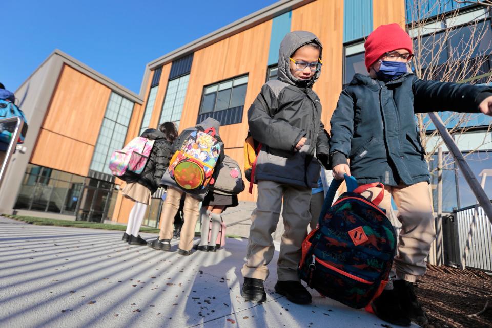 In this file photo, students are seen outside of the Alma del Mar Frederick Douglass campus on Church Street in New Bedford. Alma del Mar students return Monday, Aug. 21.