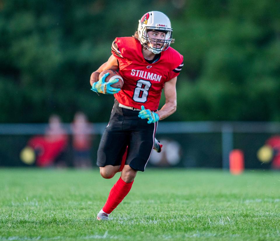 Stillman Valley's Porter Needs, one of the area's top rushers so far this season, looks for some breathing room during an early-season run on Friday, Aug. 26, 2022, in Stillman Valley.