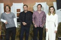 <p>Brad Pitt, Leonardo DiCaprio, Quentin Tarantino et Margot Robbie à Los Angeles le 11 juillet 2019</p>