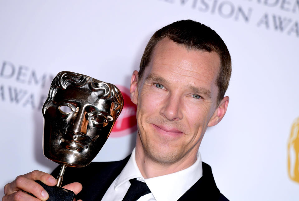 Benedict Cumberbatch in the press room after winning the award for Best Actor at the Virgin Media BAFTA TV awards, held at the Royal Festival Hall in London. (Photo by Ian West/PA Images via Getty Images)