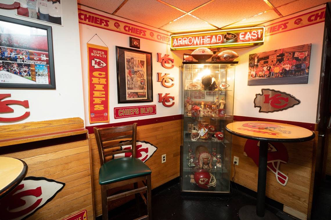 The back room of Big Charlie’s Saloon in South Philadelphia is packed with Kansas City Chiefs memorabilia.