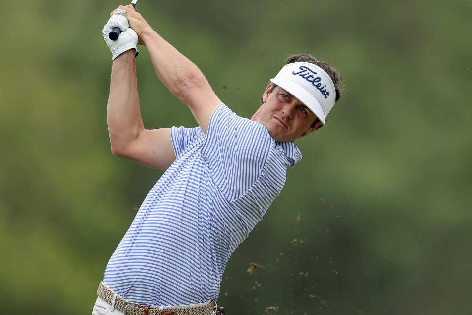 Cody Gribble tees off on the second hole during the third round of the Valspar Championship golf tournament Saturday, March 18, 2023, at Innisbrook in Palm Harbor, Fla. (AP Photo/Mike Carlson)