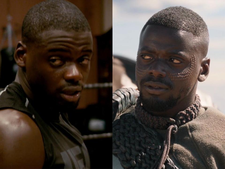 On the left: Daniel Kaluuya as Black Death in "Kick-Ass 2." On the right: Kaluuya as W'Kabi in "Black Panther."