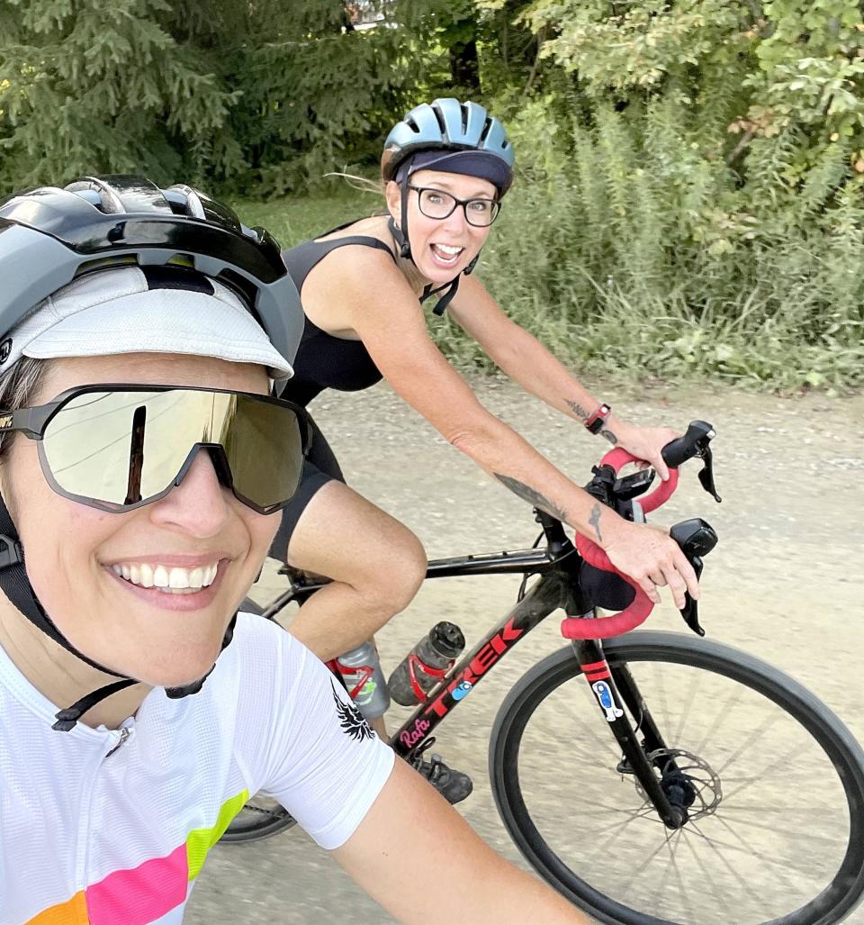 Maggie Livelsberger, left, on a ride with Shannon Allison, right. The pair became friends over their love for bicycling.