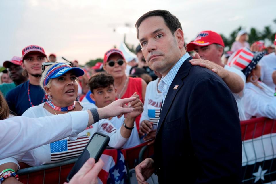 PHOTO: Sen, Marco Rubio arrives before Republican presidential candidate former President Donald Trump speaks at a campaign rally at Trump National Doral Miami, July 9, 2024, in Doral, Fla. (Rebecca Blackwell/AP)