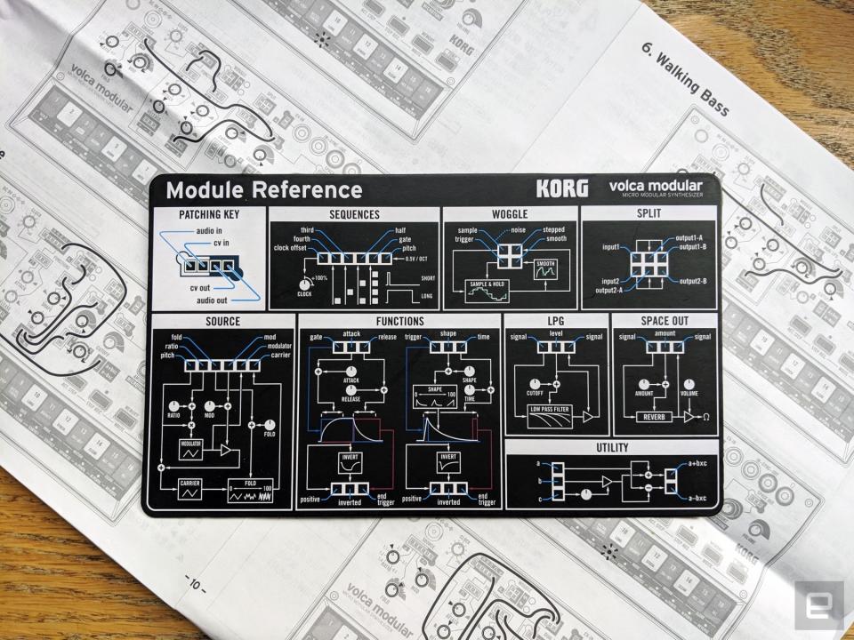 Volca Modular's reference card and example patch booklet. 