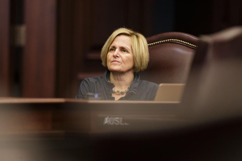 Sen. Loranne Ausley, D-Tallahassee, listens to debate on a bill on the Senate floor Thursday, March 10, 2022.