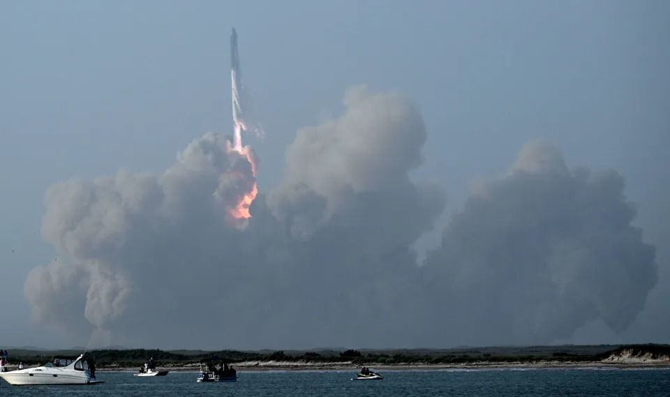 The SpaceX Starship rocket lifts off from the launchpad during a flight test from Starbase in Boca Chica, Texas, on April 20, 2023. / Credit: PATRICK T. FALLON/AFP via Getty Images