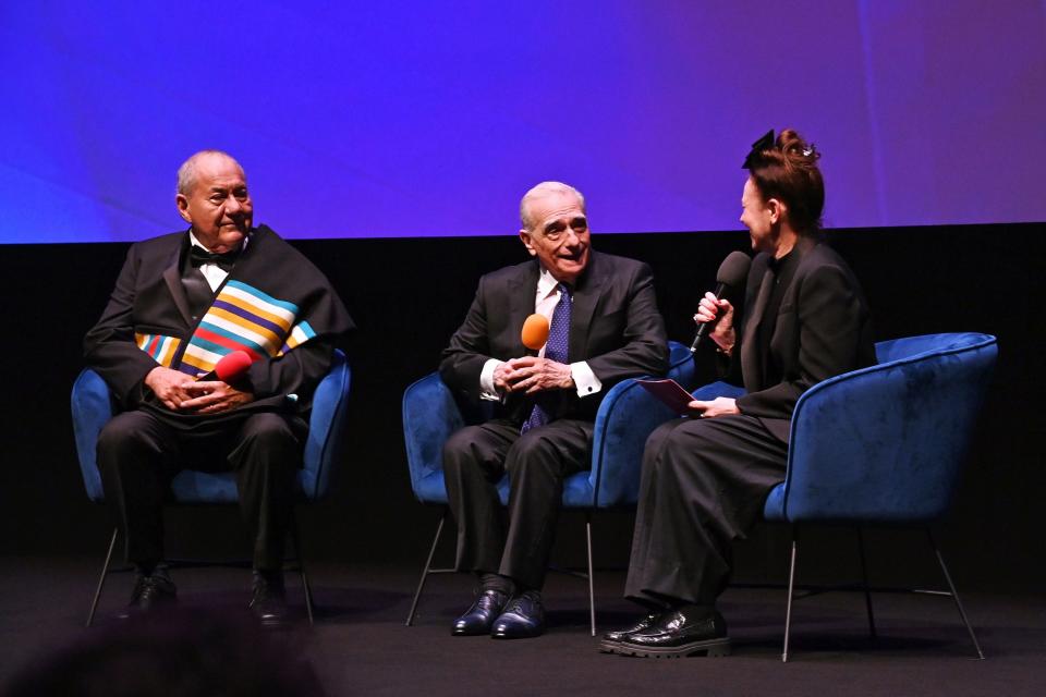 From left, Osage Nation Principal Chief Geoffrey Standing Bear, director Martin Scorsese and BFI Festivals Director Kristy Matheson attend the 67th BFI London Film Festival Headline Gala red carpet premiere of the Apple Original Film "Killers of the Flower Moon" at Royal Festival Hall on October 7, 2023 in London, England.