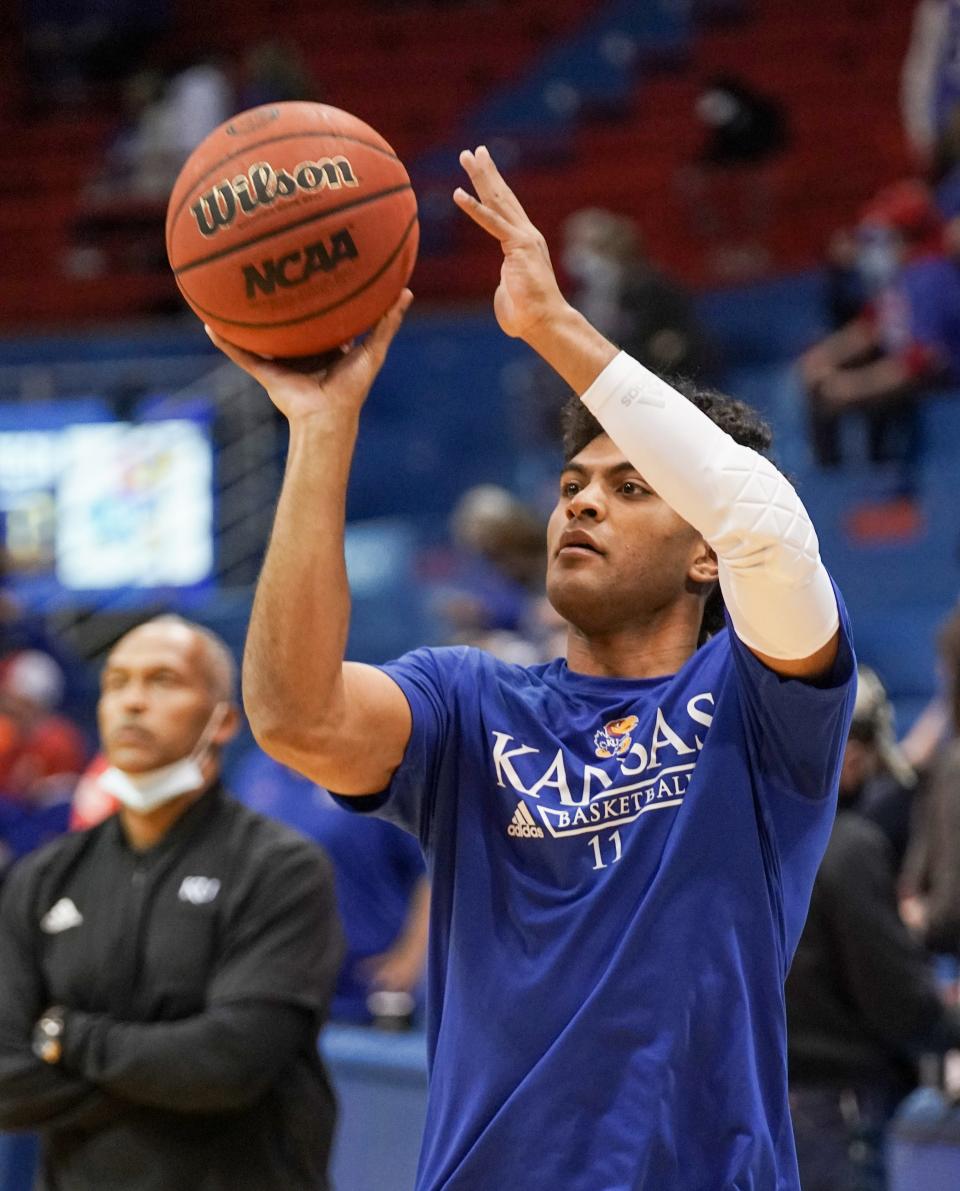 Kansas Jayhawks guard Remy Martin warms up before Monday's game against the Texas Tech Red Raiders at Allen Fieldhouse.