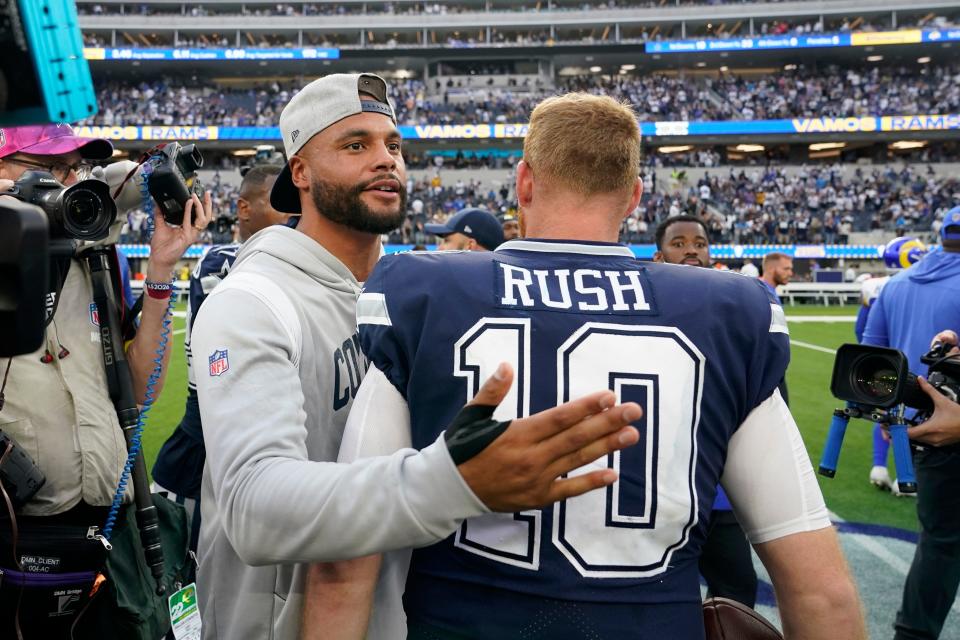 Dallas Cowboys QB Dak Prescott, left, celebrates with QB Cooper Rush (10), after the team's 22-10 win in an NFL football game against the Los Angeles Rams, Sunday, Oct. 9, 2022, in Inglewood, Calif.