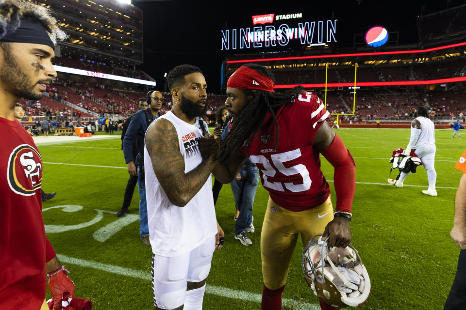 Browns wide receiver Odell Beckham Jr. and 49ers cornerback Richard Sherman exchange postgame pleasantries in early October. (Photo by Ric Tapia/Icon Sportswire via Getty Images)