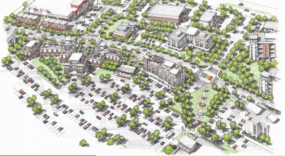 This artist's rendering shows an earlier idea for the future downtown. While not the same as the current ideas for Capiello Real Estate and Machinations's development, it shows some general similarities such as park areas and multi-story buildings.