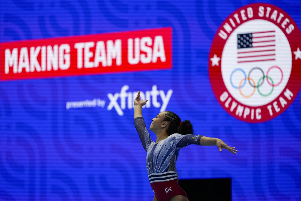 Hezly Rivera competes in the floor exercise at the United States Gymnastics Olympic Trials on Sunday, June 30, 2024, in Minneapolis. (AP Photo/Charlie Riedel)