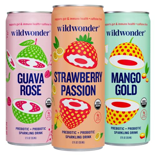 wildwonder Sparkling Probiotic Juice Drink w/Gut Health Immunity, 5g Fiber, Live Probiotics, Caffeine Free, Organic, Vegan, Low Sugar, 12pk 12oz, Tropical Vibes Variety Pack, As Seen on Shark Tank