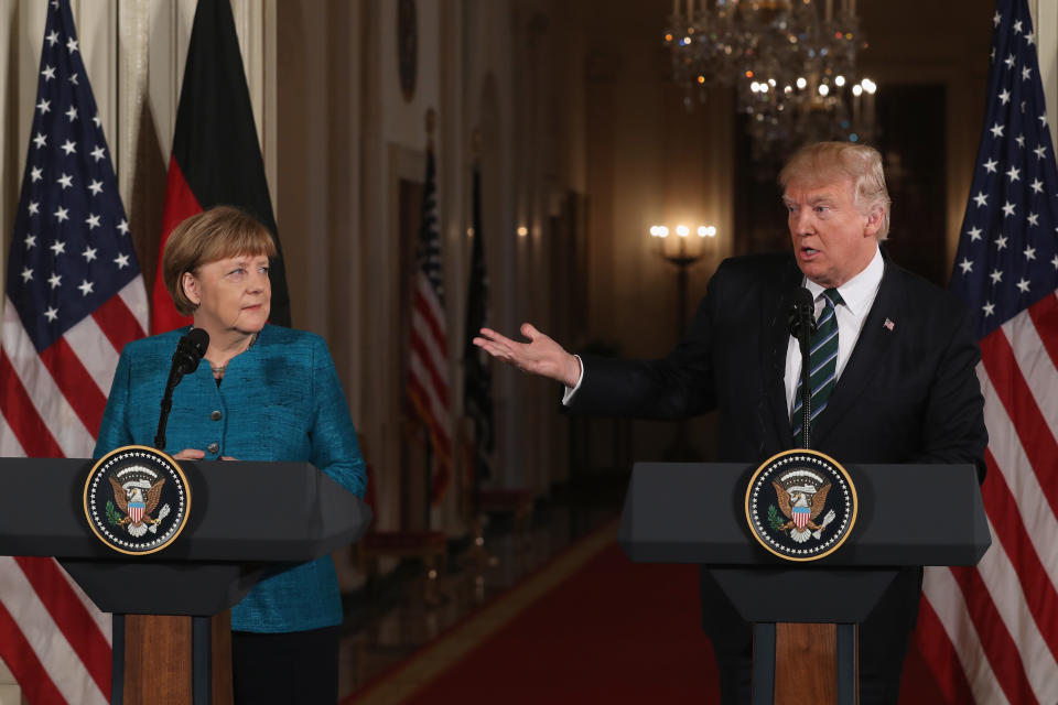 At a press conference with German Chancellor Angela Merkel in March, President Donald Trump said many NATO countries "owe vast sums of money from past years and it is very unfair to the United States." Some analysts question whether Trump understands how the alliance works. (Photo: Justin Sullivan via Getty Images)