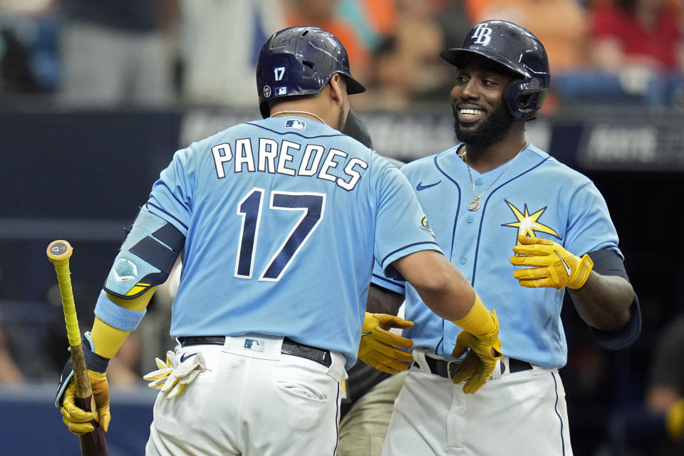 Tampa Bay Rays' Randy Arozarena celebrates with on-deck batter Isaac Paredes (17) after hitting a solo home run off Baltimore Orioles starting pitcher Tyler Wells during the second inning of a baseball game Wednesday, June 21, 2023, in St. Petersburg, Fla. (AP Photo/Chris O'Meara)