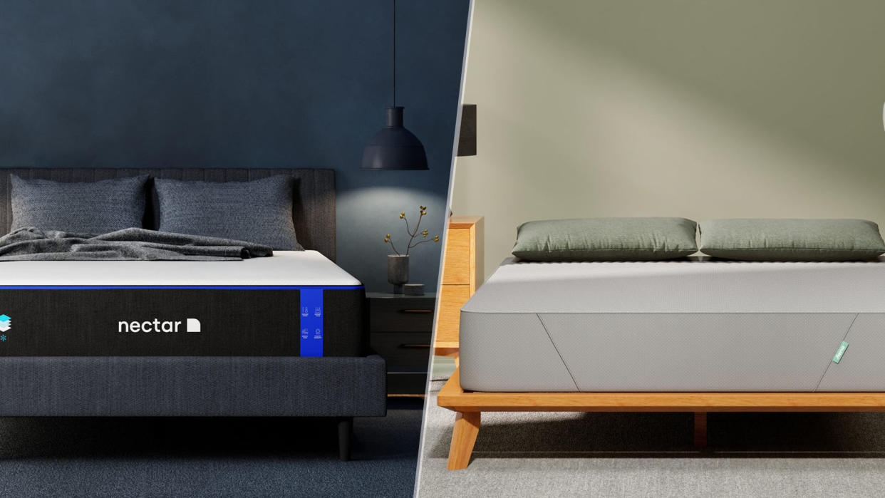  The Nectar Memory Foam mattress in a bedroom (left) vs the Siena memory foam mattress in a bedroom (right). 
