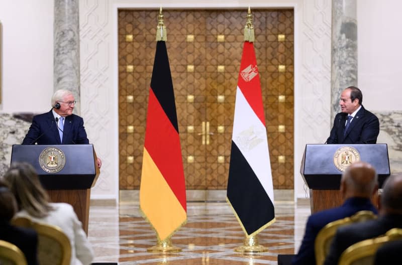 German President Frank-Walter Steinmeier (L) and Egyptian President Abdel Fattah El-Sisi speak during a press conference after their meeting at Ittihadiya Palace. Bernd von Jutrczenka/dpa