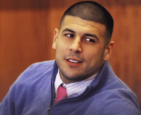 Aaron Hernandez appears during an evidentiary hearing at Bristol County Superior Court in Fall River, Massachusetts October1, 2014. REUTERS/Wendy Maeda/Pool