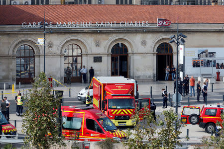 Emergency services vehicles are seen outside the Saint-Charles train station after French soldiers shot and killed a man who stabbed two women to death at the main train station in Marseille, France, October 1, 2017. REUTERS/Jean-Paul Pelissier