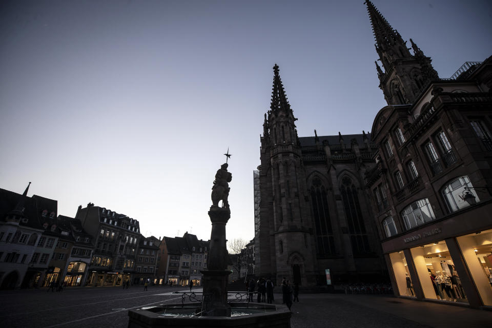 FILE - In this photo taken on March 9, 2020 shows the center of Mulhouse, eastern France. The Grand Est region is now the epicenter of the outbreak in France, which has buried the third most virus victims in Europe, after Italy and Spain. The crisis there can be traced largely to a daylong evangelical church gathering in Mulhouse of hundreds of people at the end of February. For most people, the new coronavirus causes only mild or moderate symptoms. For some it can cause more severe illness. (AP Photo/Jean-Francois Badias, File)